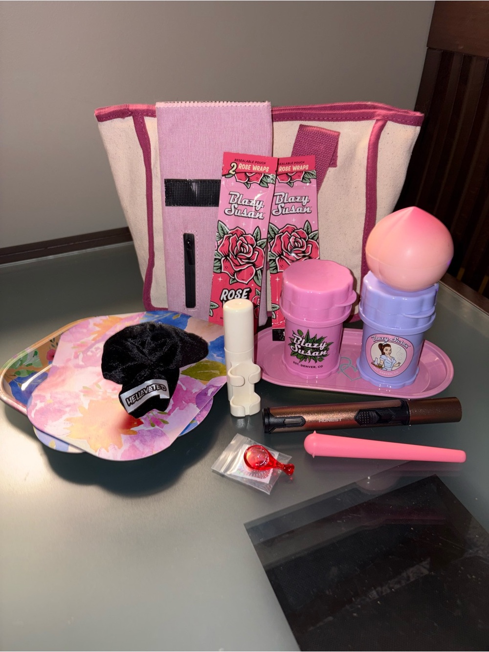 Canvas Tote with Pink Trim & Assorted Pink Herb Accessories